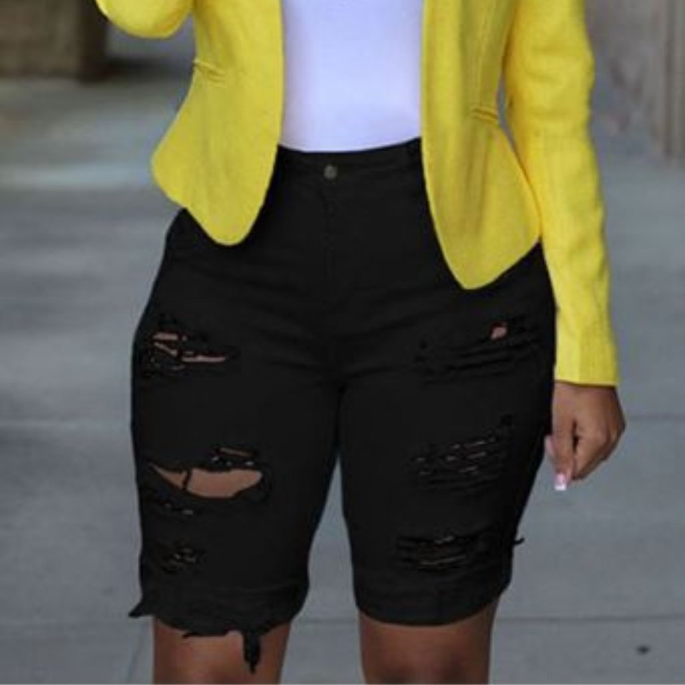 Distressed Denim Knee Length Shorts